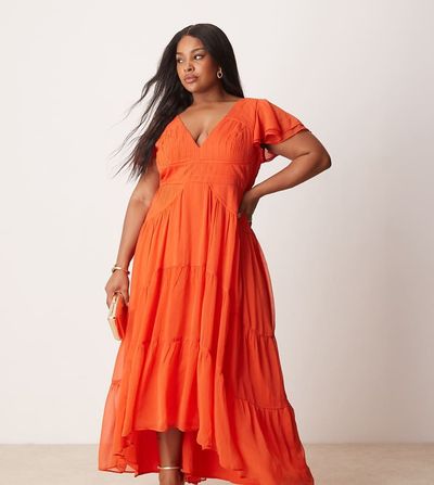 ASOS Curve ASOS DESIGN Curve flutter sleeve ruched maxi dress with hi low hem in spicy red