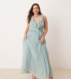 ASOS Curve ASOS DESIGN Curve frill wrap detail pleated midi dress in sage green-Multi