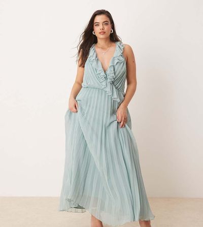 ASOS Curve ASOS DESIGN Curve frill wrap detail pleated midi dress in sage green-Multi