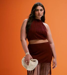 ASOS Curve ASOS DESIGN Curve fringed halterneck top in rust - part of a set-Red