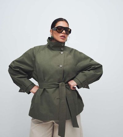 ASOS Curve ASOS DESIGN Curve funnel neck tie belt trench coat in Khaki-Brown
