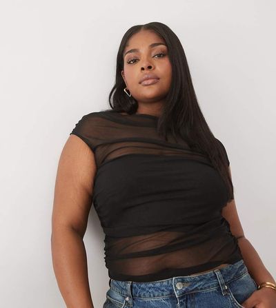 ASOS Curve ASOS DESIGN Curve gathered short sleeve off shoulder mesh top in black
