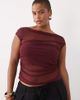 ASOS Curve ASOS DESIGN Curve gathered short sleeve off shoulder mesh top in burgundy - 1