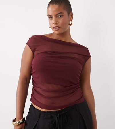 ASOS Curve ASOS DESIGN Curve gathered short sleeve off shoulder mesh top in burgundy