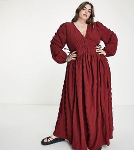 ASOS Curve ASOS DESIGN Curve gathered waist maxi dress in seersucker in burnt rust-Brown