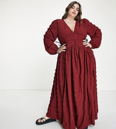 ASOS Curve ASOS DESIGN Curve gathered waist maxi dress in seersucker in burnt rust-Brown