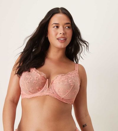 ASOS Curve ASOS DESIGN Curve Giselle premium sparkle embroidery underwire bra in coral-pink