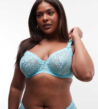 ASOS Curve ASOS DESIGN Curve Hazel all over lace underwire bra with lace trim in aqua blue