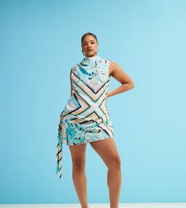 ASOS Curve ASOS DESIGN Curve high neck drape detail mini dress in scarf print-Multi