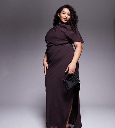 ASOS Curve ASOS DESIGN Curve high neck draped bodice cape maxi dress in chocolate-Brown