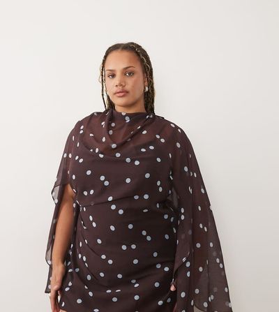 ASOS Curve ASOS DESIGN Curve high neck draped front extreme cape sleeve mini dress in brown polka dots-Multi
