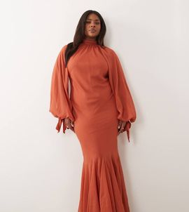 ASOS Curve ASOS DESIGN Curve high neck maxi dress with godet hem in rust-Orange