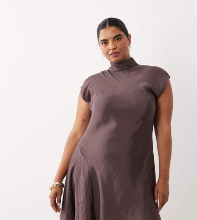 ASOS Curve ASOS DESIGN Curve high neck mini dress with handkerchief hem in chocolate brown