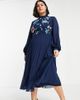 ASOS Curve ASOS DESIGN Curve high neck pleated long sleeve midi skater dress with embroidery in navy - 1