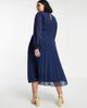 ASOS Curve ASOS DESIGN Curve high neck pleated long sleeve midi skater dress with embroidery in navy - 3
