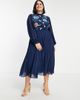 ASOS Curve ASOS DESIGN Curve high neck pleated long sleeve midi skater dress with embroidery in navy - 4