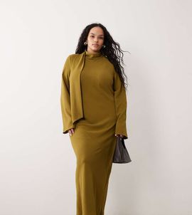 ASOS Curve ASOS DESIGN Curve high neck scarf detail maxi dress in olive-Green