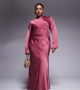 ASOS Curve ASOS DESIGN Curve high neck seam detail satin maxi dress in dusky rose-pink