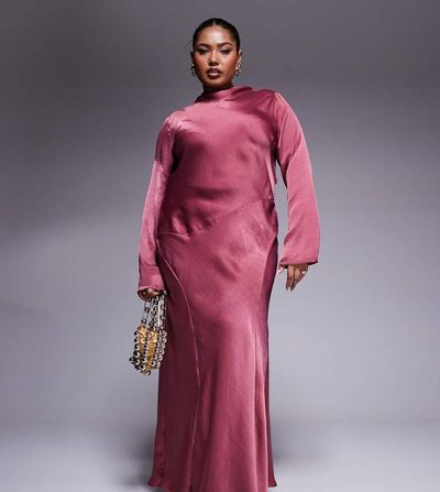 ASOS Curve ASOS DESIGN Curve high neck seam detail satin maxi dress in dusky rose-pink