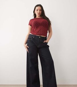 ASOS Curve ASOS DESIGN Curve high waist straight wide leg jeans in rinse-Navy