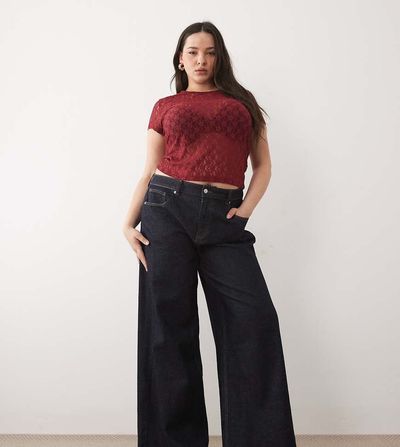 ASOS Curve ASOS DESIGN Curve high waist straight wide leg jeans in rinse-Navy