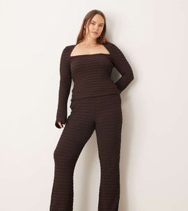ASOS Curve ASOS DESIGN Curve high waist textured flare pants in chocolate - part of a set-Brown
