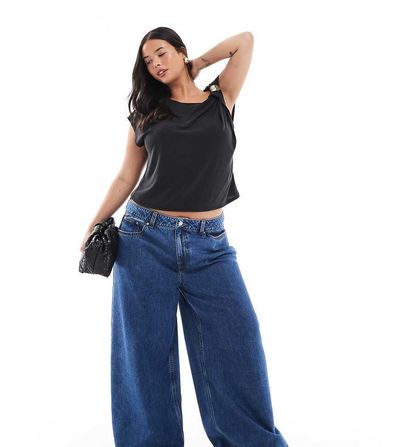 ASOS Curve ASOS DESIGN Curve high waist wide leg jeans in midwash blue