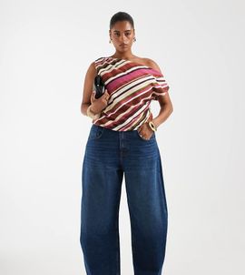 ASOS Curve ASOS DESIGN Curve high waisted barrel leg jeans in dark wash blue-Navy