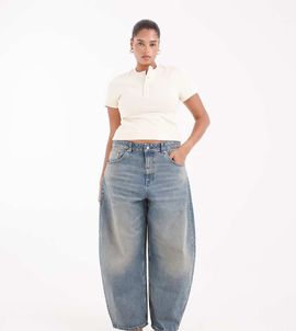 ASOS Curve ASOS DESIGN Curve high waisted barrel leg jeans in vintage wash-Blue