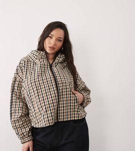 ASOS Curve ASOS DESIGN Curve hooded bubble hem bomber jacket in stone multi plaid-Neutral