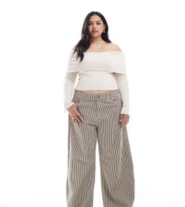 ASOS Curve ASOS DESIGN Curve horseshoe pants with tab waist detail in brown stripe