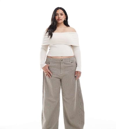 ASOS Curve ASOS DESIGN Curve horseshoe pants with tab waist detail in brown stripe