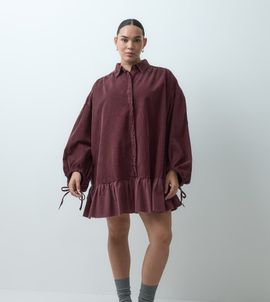 ASOS Curve ASOS DESIGN Curve hybrid corduroy mini shirt dress with balloon sleeves and voile hem in washed burgundy-Red
