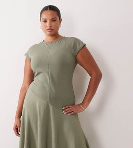 ASOS Curve ASOS DESIGN Curve hybrid midi dress with asymmetric dropped waist in khaki green-Multi