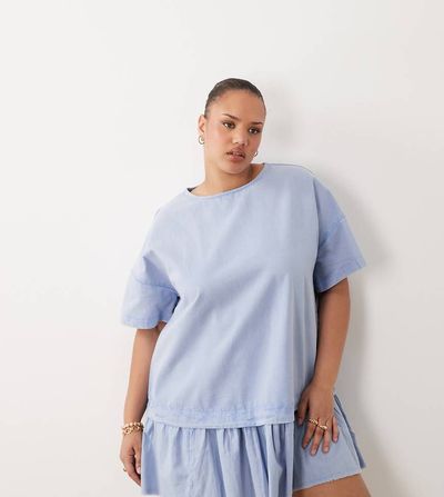 ASOS Curve ASOS DESIGN Curve hybrid t-shirt mini dress in washed denim blue-Multi