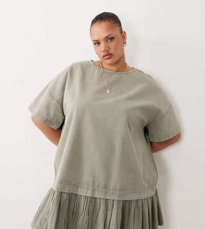 ASOS Curve ASOS DESIGN Curve hybrid t-shirt mini dress in washed olive-Multi