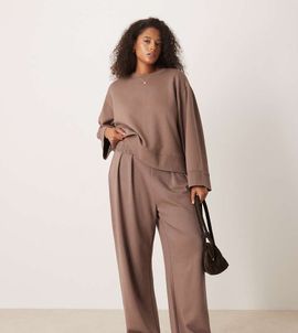 ASOS Curve ASOS DESIGN Curve interlock super wide leg pants in deep taupe-No color