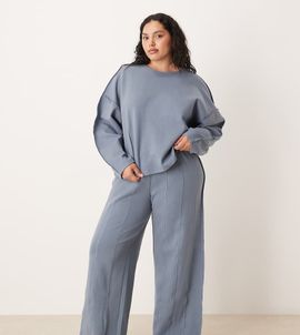 ASOS Curve ASOS DESIGN Curve interlock super wide leg sweatpants with seam detail in blue