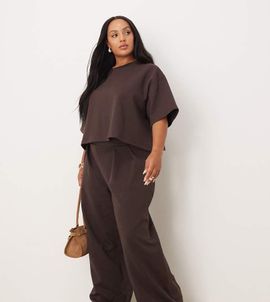 ASOS Curve ASOS DESIGN Curve interlock wide leg pants in chocolate - part of a set-Brown