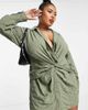 ASOS Curve ASOS DESIGN Curve knot front mini shirt dress in khaki-Green - 1