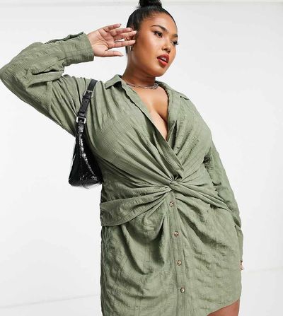 ASOS Curve ASOS DESIGN Curve knot front mini shirt dress in khaki-Green