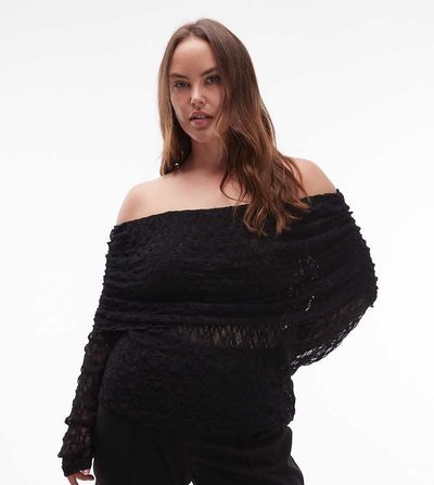 ASOS Curve ASOS DESIGN Curve lace fold over off the shoulder top in black