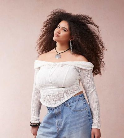 ASOS Curve ASOS DESIGN Curve lace off-the-shoulder long sleeve top with tie detail-White
