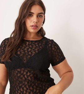 ASOS Curve ASOS DESIGN Curve lace short sleeve baby tee in black