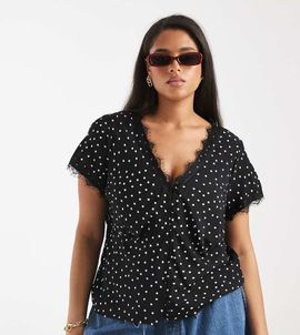 ASOS Curve ASOS DESIGN Curve lace trim tea blouse in black polka dot-Blue