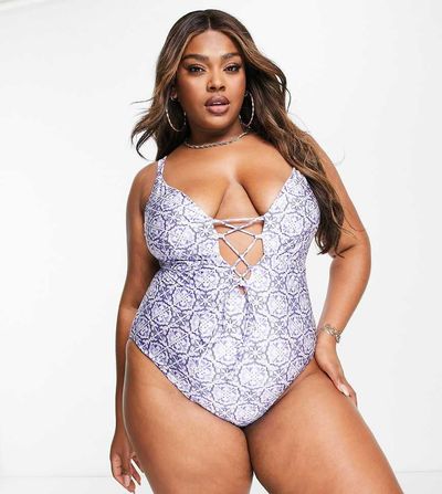 ASOS Curve ASOS DESIGN Curve lace up front swimsuit in blue tile print