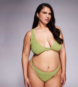 ASOS Curve ASOS DESIGN Curve Laurie textured high apex bikini top with chain link in lime-Green