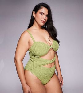 ASOS Curve ASOS DESIGN Curve Laurie twist front chain link bandeau swimsuit in lime-Green