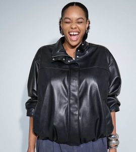 ASOS Curve ASOS DESIGN Curve leather look funnel track bomber jacket in black