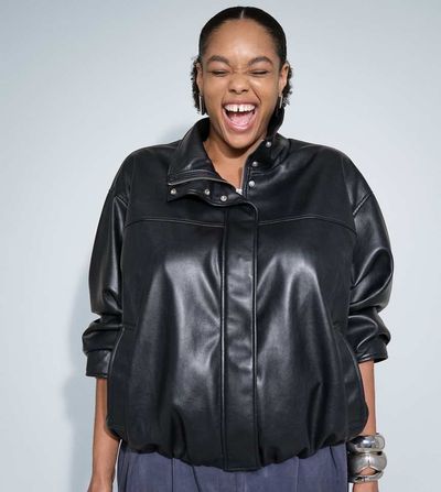 ASOS Curve ASOS DESIGN Curve leather look funnel track bomber jacket in black